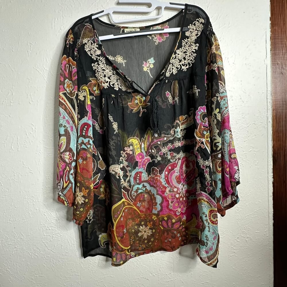 One World Paisley Sheer Woman's Size Large 3/4 Sleeve Whimsy Boho Earthcore